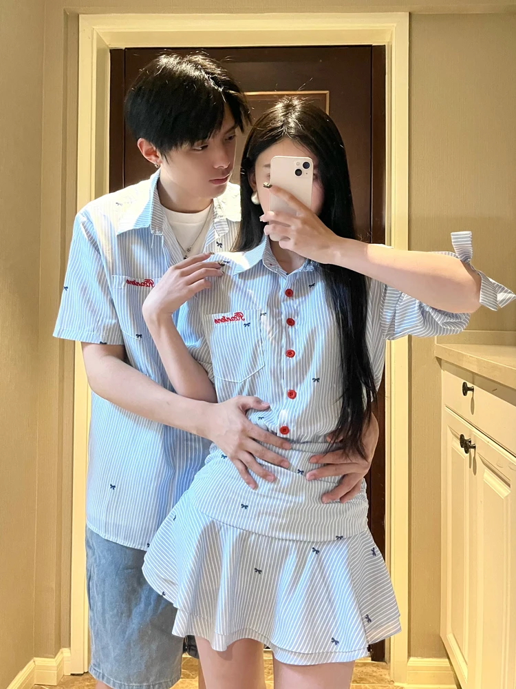 College Style Couple Outfit Summer 2026 New Short Sleeve Shirt Miu Waist Cinched Pleated Dress One Skirt One Dress Youth Fashion
