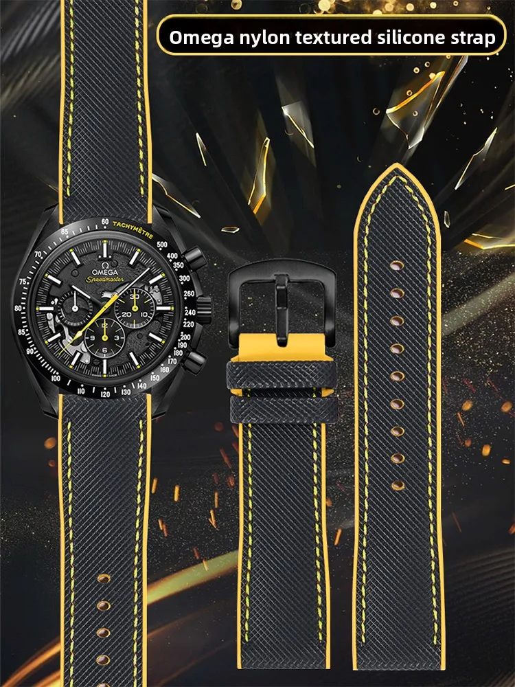 Nylon Textured Watch Strap Suitable for Omega Speedmaster Dark Side of The Moon Apollo 8 Seamaster Black Yellow Silicone Strap