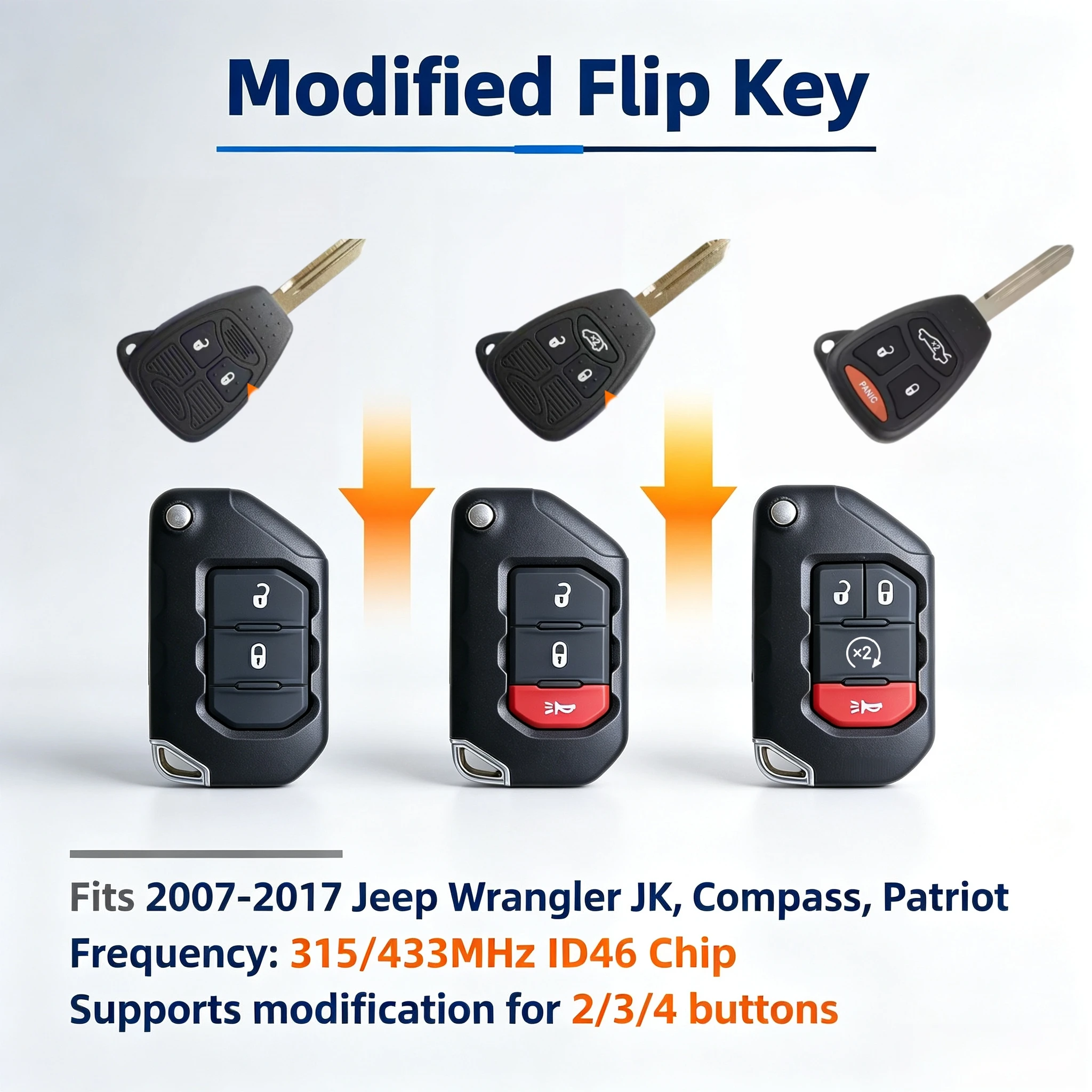 Suitable for Jeep Modified Folding Keys, Compatible with 2007-2017 Jk/Sahara/Freelander/Compass Modifications, 315/433Mhz Id46Chip