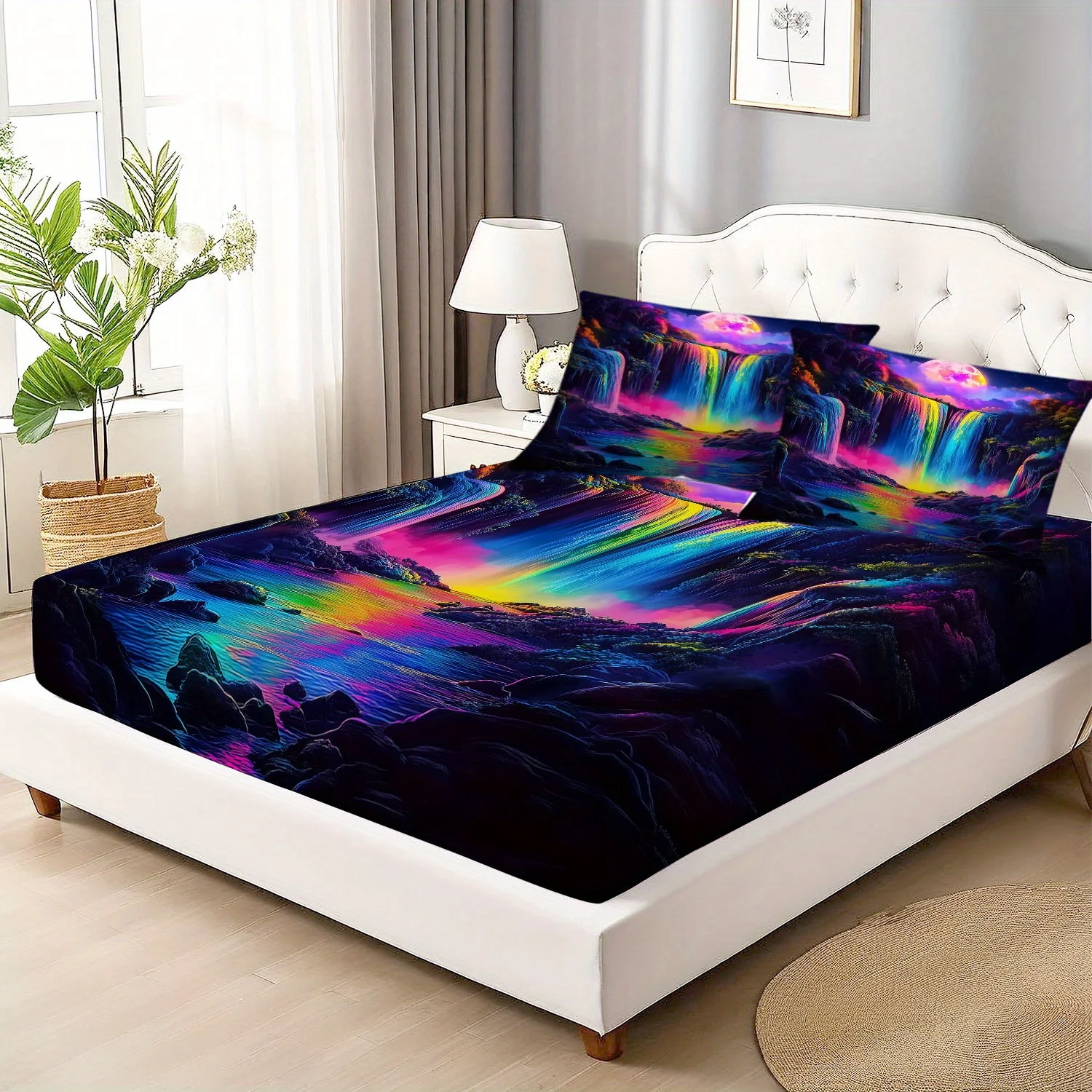 Rainbow Waterfall Bedding Set 2D Digital Print Three-Piece Bedding Set (Includes 1 Fitted Sheet + 2 Pillowcases) Mattress Protector Fitted Sheet Style Protective Cover Mattress Protector, Fitted Sheet Bedding Christmas Themed Bedding Racing Adventure Fitted Sheet Set