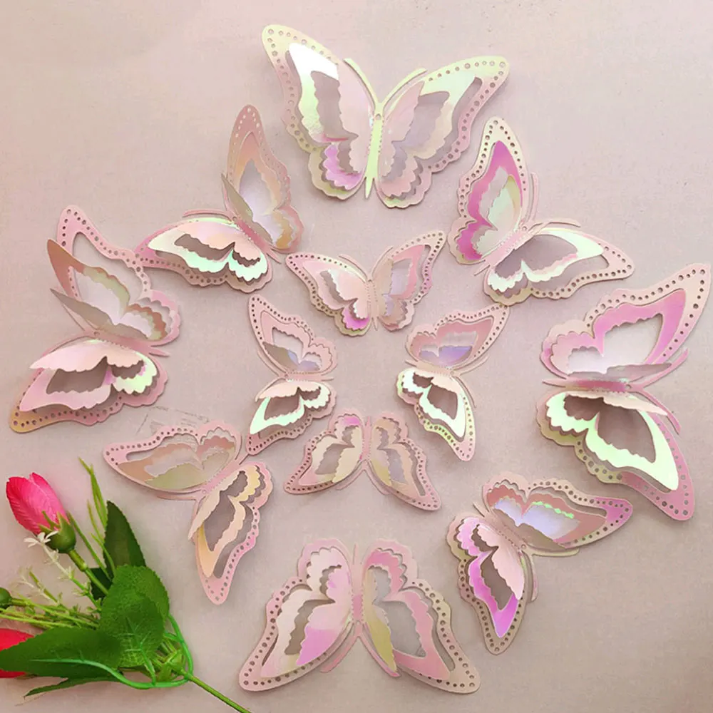 12pcs/set Gradient Hollow 3d Butterfly Wall Sticker for Wedding Decoration Living Room Gold Silver Butterflies Window Home Decor