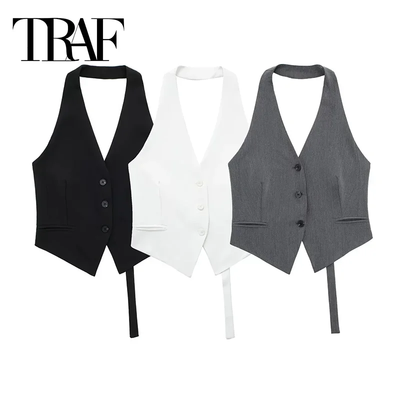 New 2025 Black Sleeveless Vest Women Off Shoulder Cropped Vest Woman Fashion Backless V Neck Short Coats Summer Waistcoat