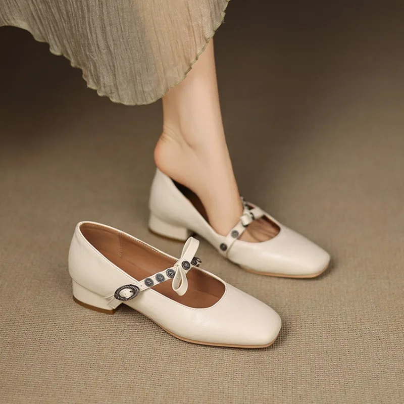 2026 Spring New Women's Flat Shoes Square Head Design Bow Decoration Casual Simple Style Size 32-43