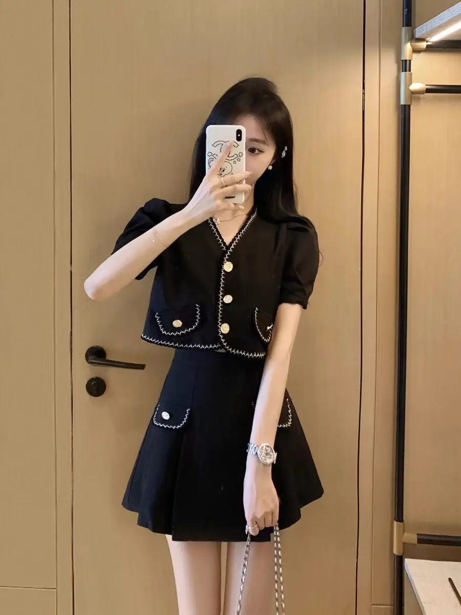 Korean Fashion Short Sleeve Coat Blazer Suit 2 Piece Outfit Women Short Crop Tops Jacket High Waist Mini Skirt Sets Office Lady