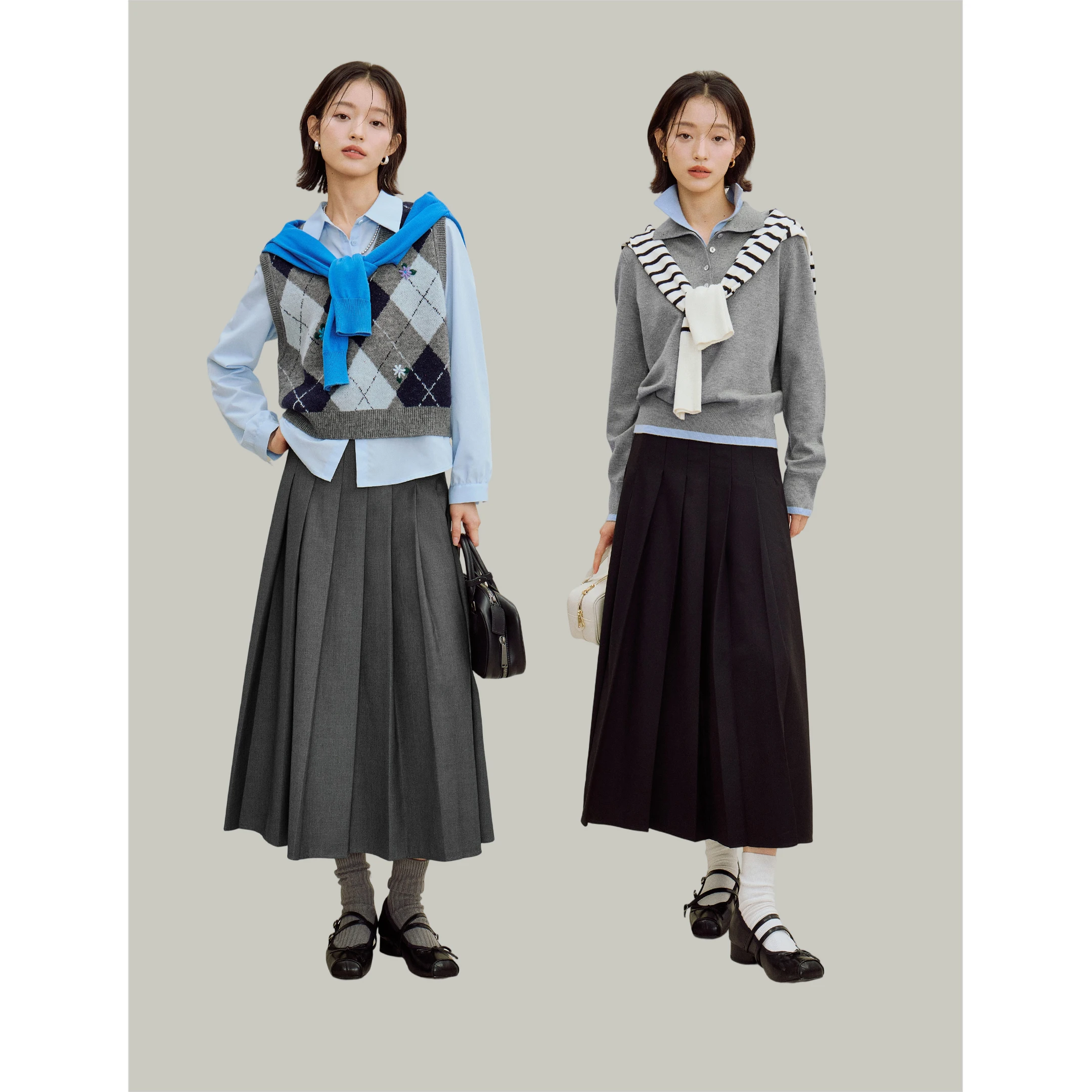 تنورة Inman النسائية لخريف 2025 الجديدة عالية الخصر بقصة ضيقة وفضفاضة على شكل حرف a - نصف تنورة رمادية غير رسمية بطيات