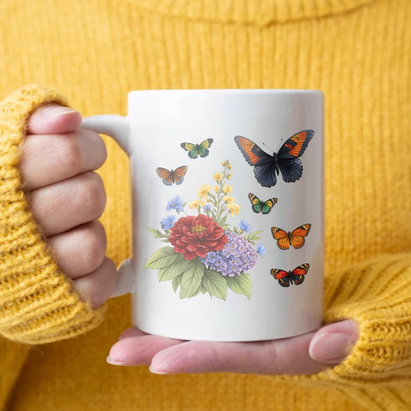 Butterfly and flower ceramic mug, white nature inspired design, colorful butterflies and blooming flowers, perfect for coffee, t