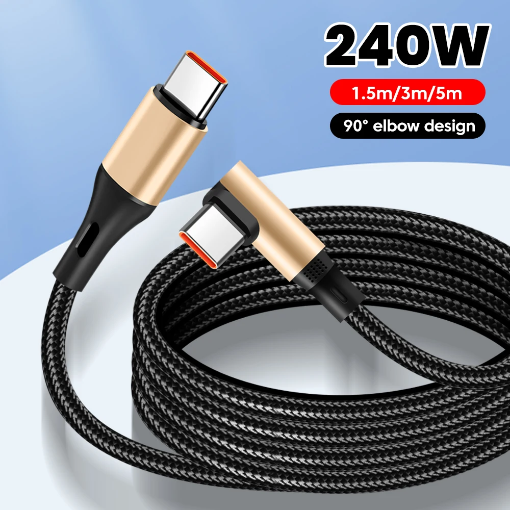 كابل شحن سريع PD 240 وات USB C إلى Type-c 90 °   كابل بيانات الهاتف المحمول ذو الكوع المزدوج لهاتف iPhone15 16 Samsung Type-c إلى Type-c