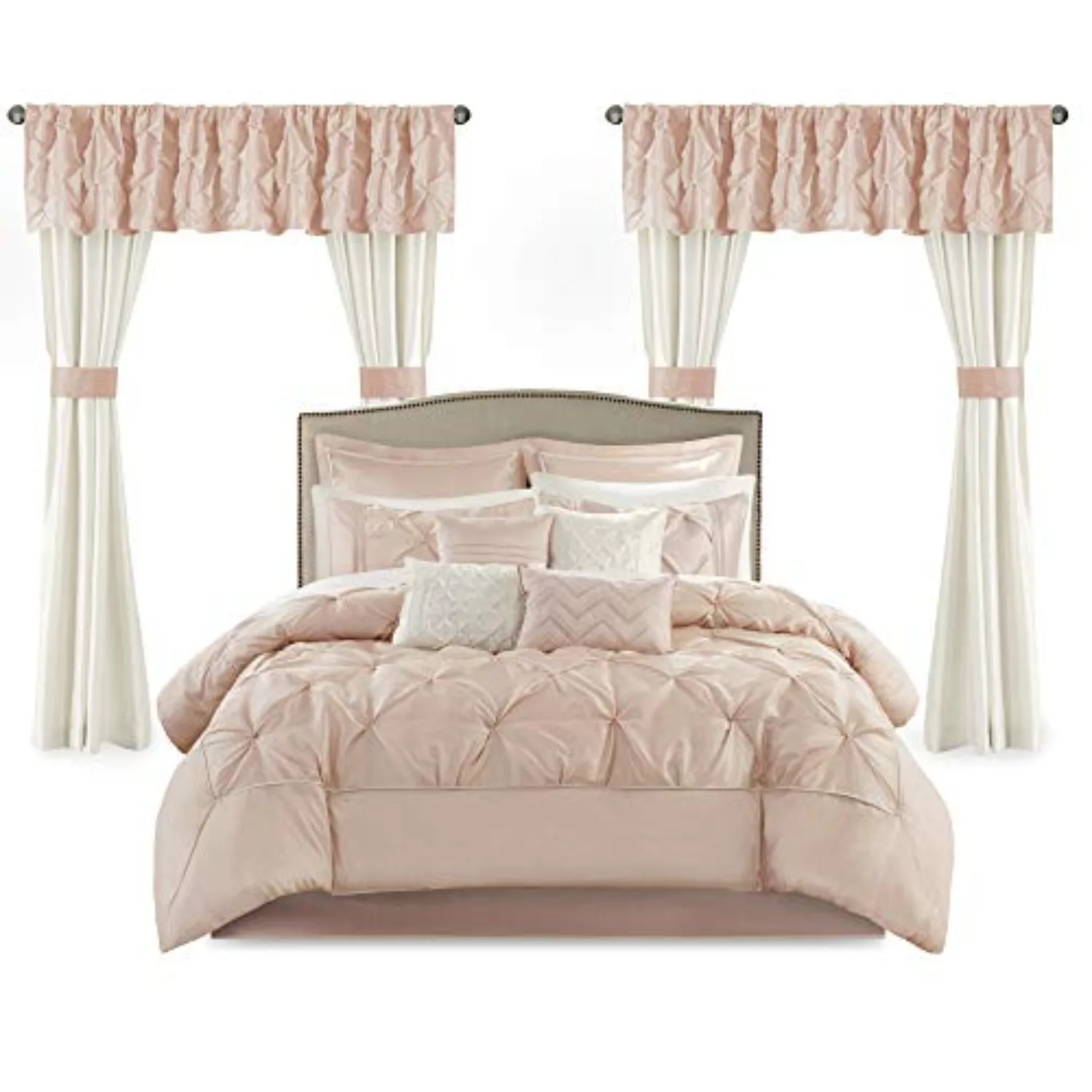 Essentials Room in a Bag Faux Silk Comforter Set - Luxe Diamond Tufting All Season Bedding, Matching Curtains