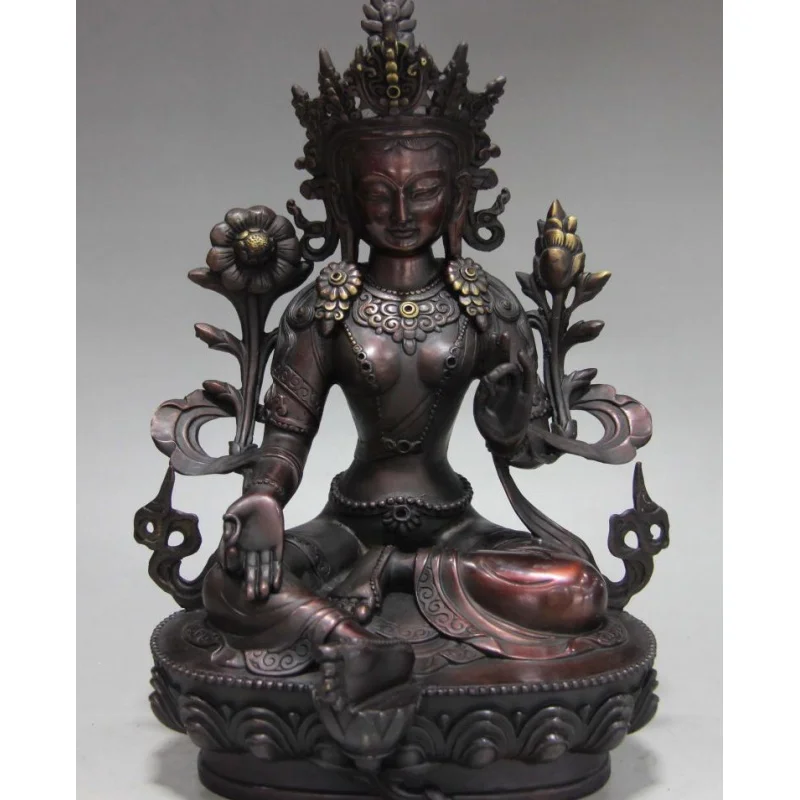 

12"; Tibetan Buddhism Red Copper Bronze Green TaRa Guan Din-Boddha Statue