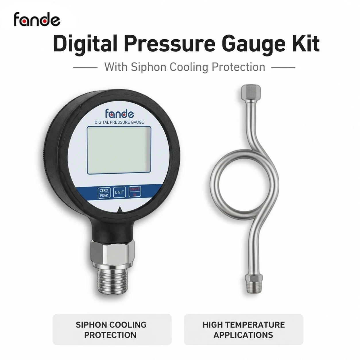 High Temperature Pressure Gauge G1/2 Digital Meter with Siphon Cooling Tube LCD Backlight IP65 for Steam Boiler HVAC Pipeline