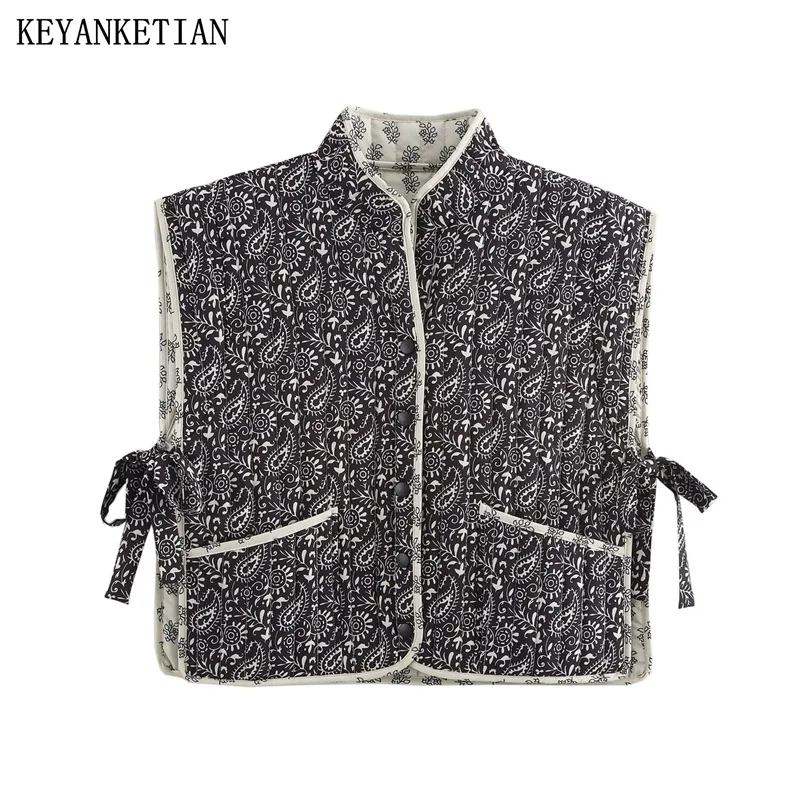 

KEYANKETIAN 2024 New Women's Paisley Reversible Print Waistcoat Vest Autumn Ethnic style Adjustable Waist Bow Thin Crop Top