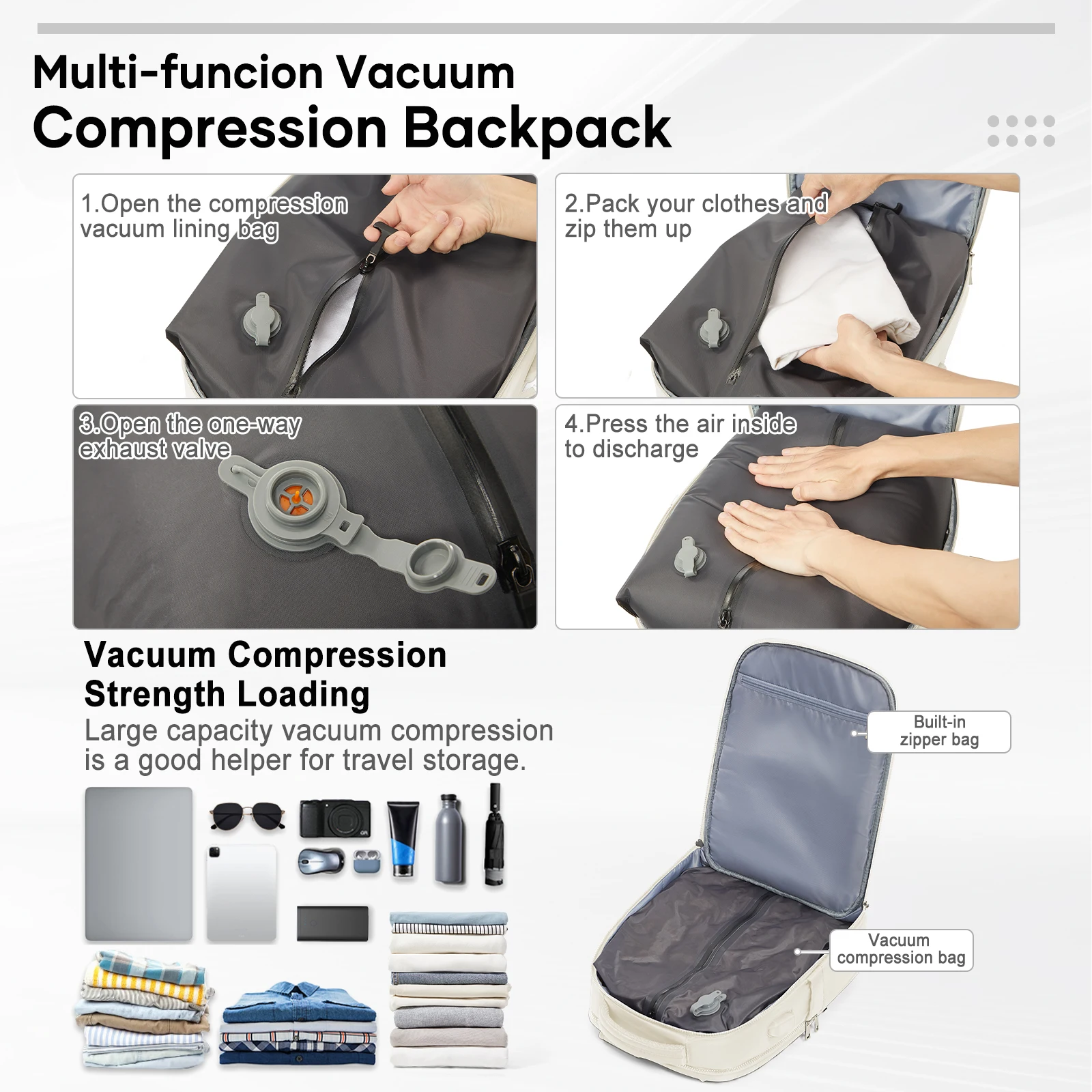 حقيبة ظهر محمولة معتمدة من الطيران، حقيبة ظهر مضغوطة مفرغة للنساء والرجال، حقيبة تخزين مفرغة لتوفير المساحة، حقيبة ظهر جامعية #2