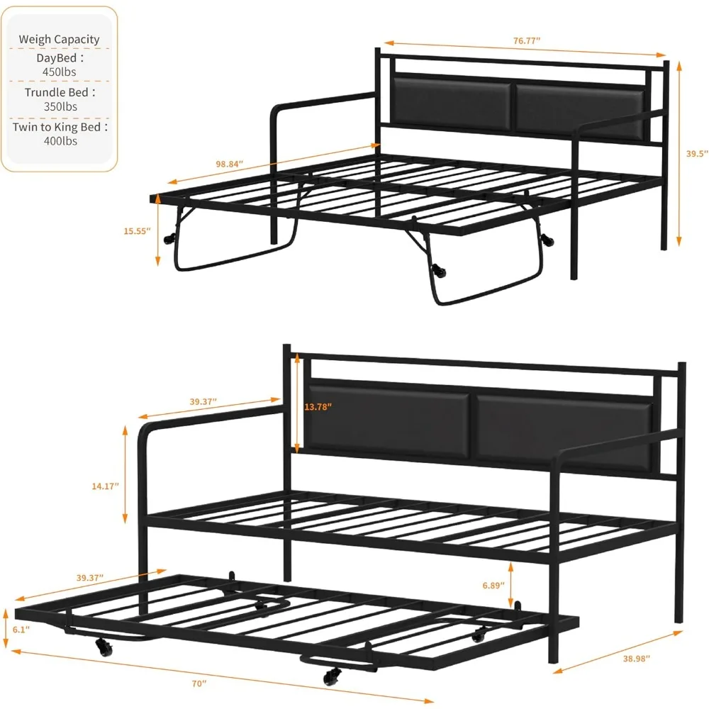 Espreguiçadeira dupla com rodízio pop-up, sofá-cama com luz LED e estação de carregamento, cama removível com suporte e estofamento de ripas de aço