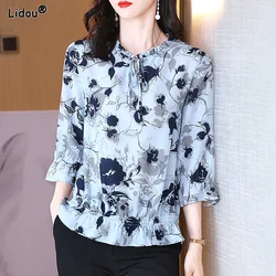 Women's Clothing Lacing Printing Pullovers T-Shirts Fashion Casual Round Neck Temperament Three Quarter Sleeve Spring Summer