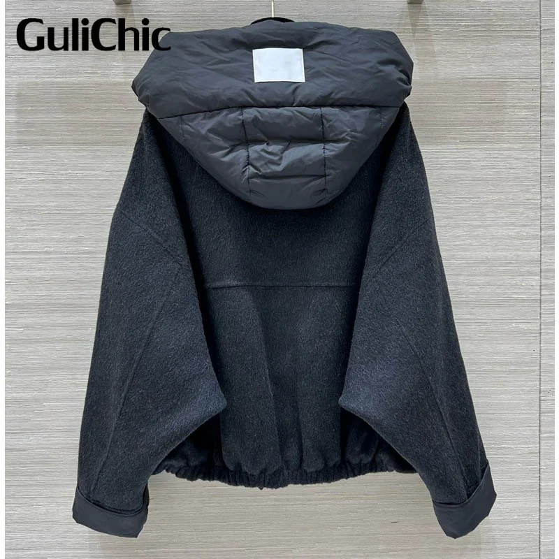 10.19 GuliChic Women Spliced Detachable Down Hooded Design Double-Sided Wool Coat Fashion Hem Drawstring Zipper Jacket Outerwear