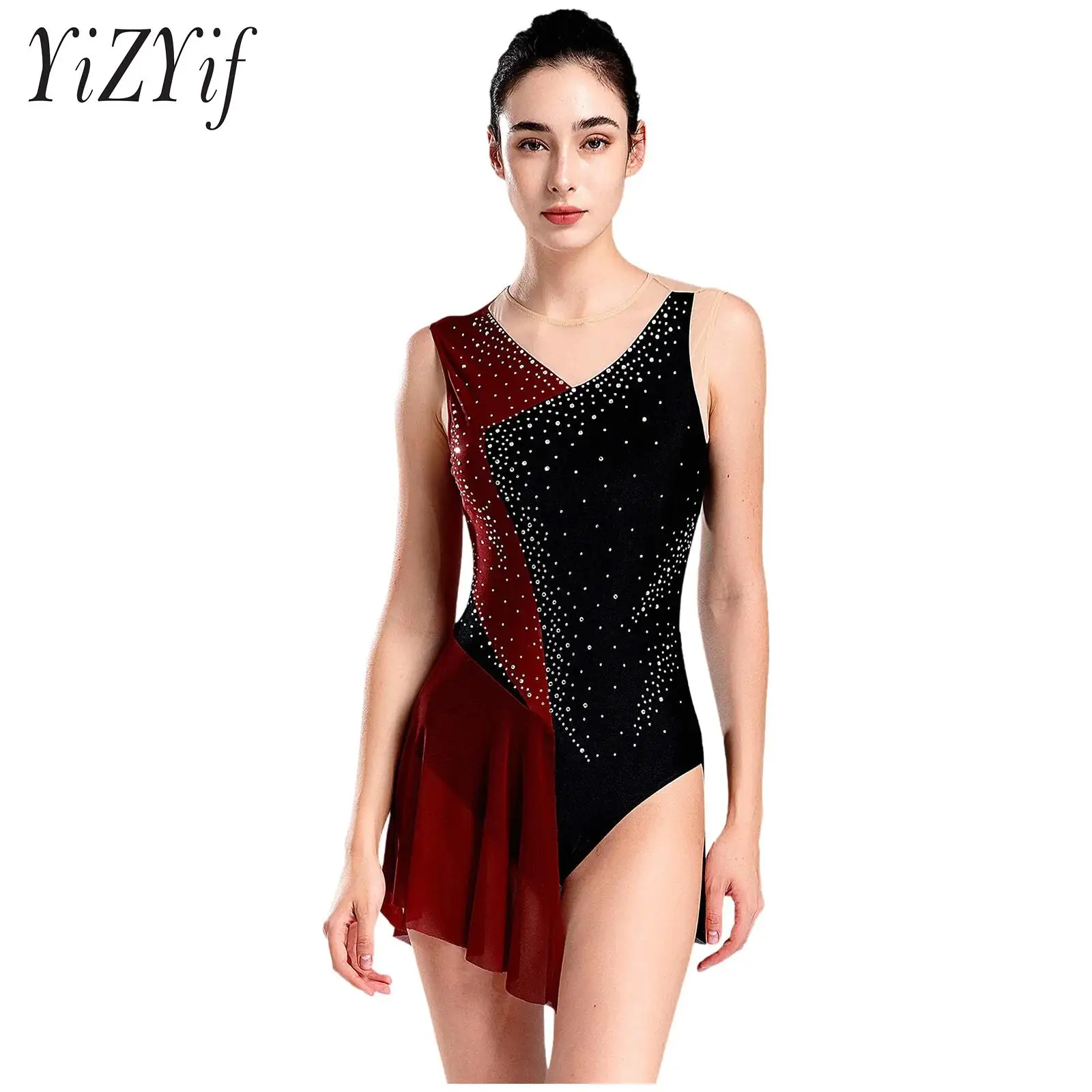 

Womens Figure Skating Dance Costume Sparkly Rhinestones Color Block Sleeveless Cutout Back Sheer Mesh Patchwork Dresses Leotard