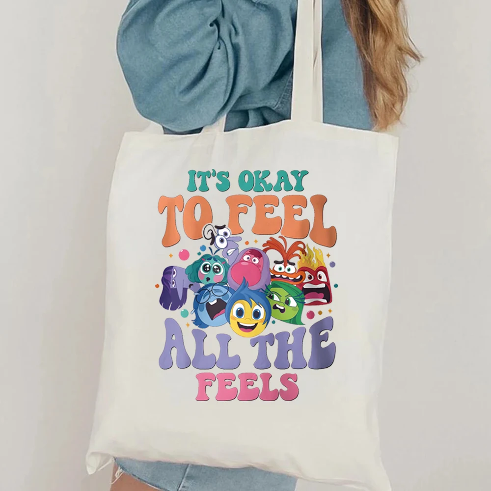 Inside Out 2 tote bag It's Okay To Feel All The Feels shoulder bag Disney trip stylish canvas bag Mental Health tote bag