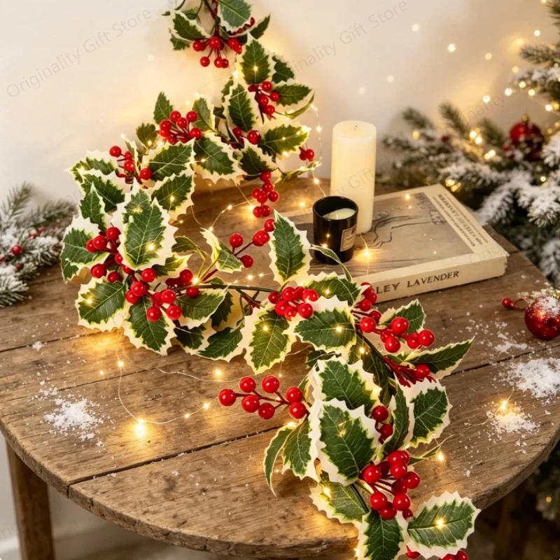 175cm Glowing Artificial Christmas Garland with Red Poinsettia Berry Realistic Faux Greenery Vine for Xmas Wedding Party Decor