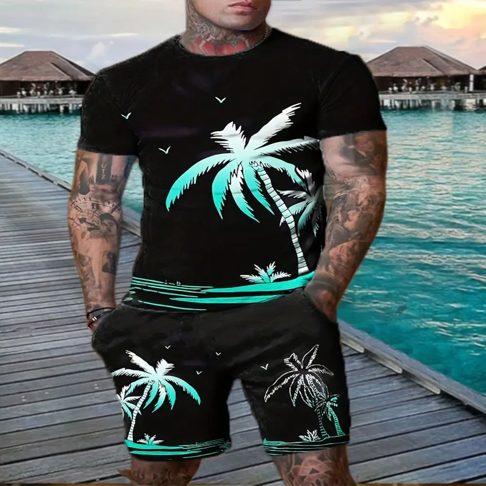 T-shirt e calções grandes para homens Hawaiian Street, folha de bordo impressa em 3D, roupas verão, conjunto sportswear, 2 peças