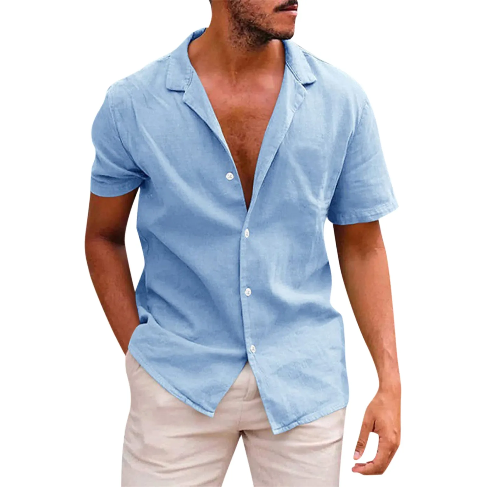 

Cotton Linen Hot Sale Men's Short-Sleeved Shirts Summer Solid Color Turn-down collar Casual Beach Style Plus Size