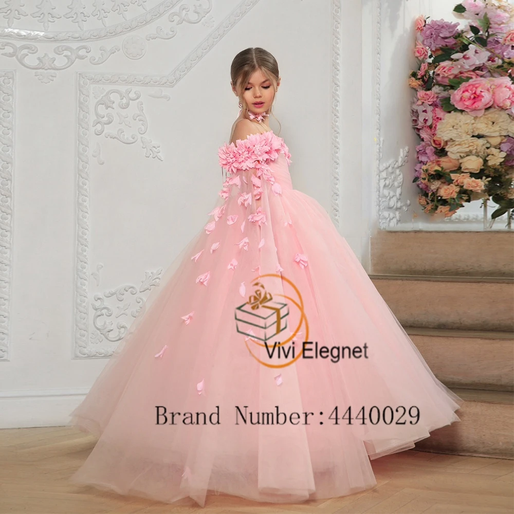 Customized Pink Off Shoulder Boat Neck Flower Girl Dresses for Birthday Soft Tulle Wedding Party Gowns with Flower فساتين اطفال