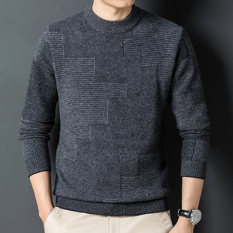 

winter men's 2023 200% wool new autumn half high crew neck thickened knitted bottomed sweater