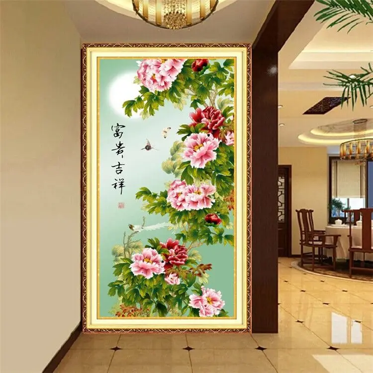 Handmade cross stitch finished product with blooming flowers, wealth, prosperity, auspiciousness, peony, new vertical version,