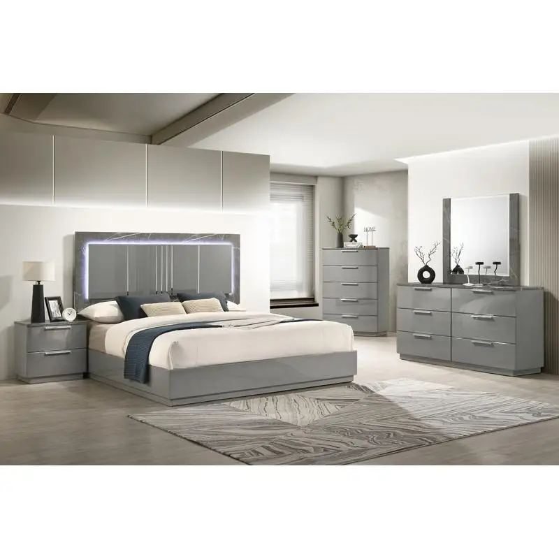 Juego de 5 piezas de mármol y laca de alto brillo de dos tonos con iluminación LED, patas de metal, almacenamiento espacioso - Gris