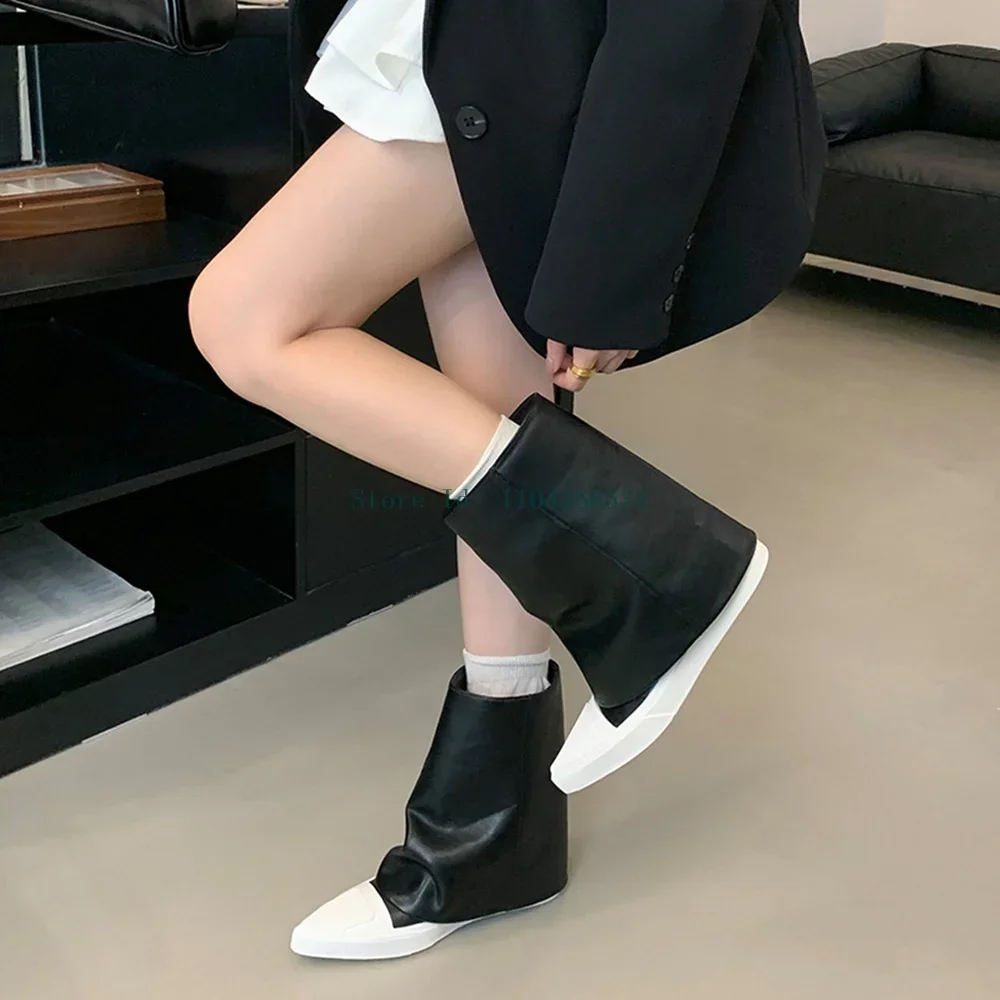 

Sexy Pointed Toe Slouchy Boots Matte Leathet Mixed Colors Height Increasing Slip On Knee High Ankle Booties New Arrivals Fashion