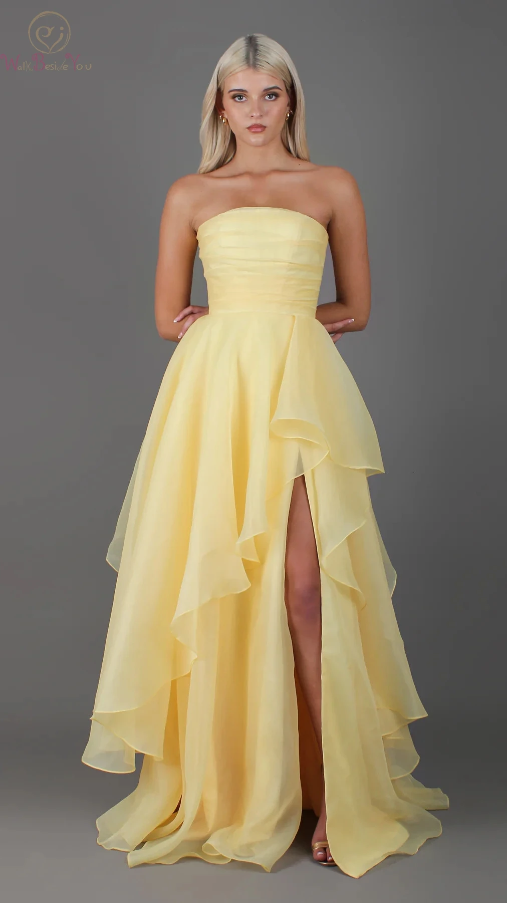 

Strapless Yellow Evening Dresses Organza with Slit Ruffles Tiered Long Prom Gowns Women Special Occasion Dresses Custom Made