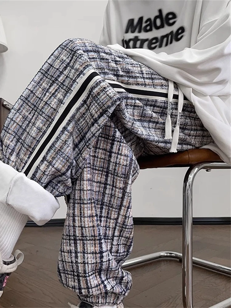 

Утепленные флисовые спортивные брюки в клетку для мужчин: зимние, повседневные, длинные, с эластичным поясом и завязками, молодежные, модные