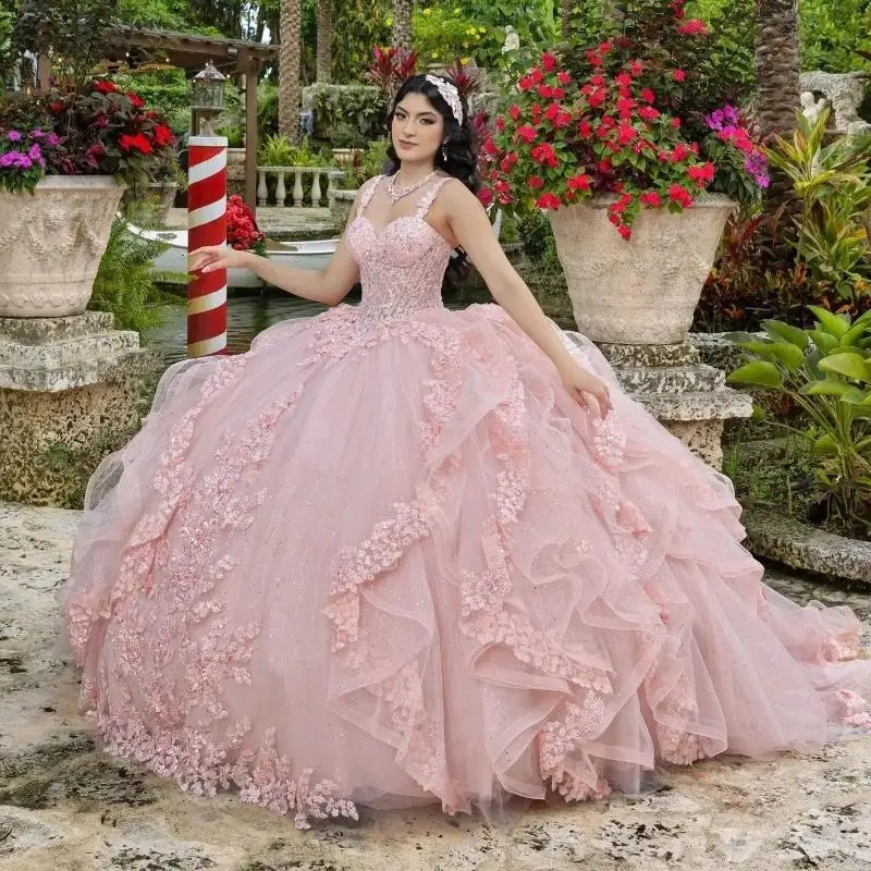 

Pink Shiny Quinceanera Dresses Applique Lace Beads Tull Sweet 16 Years Girl Birthday Party Quinceañera vestidos de 15 anos