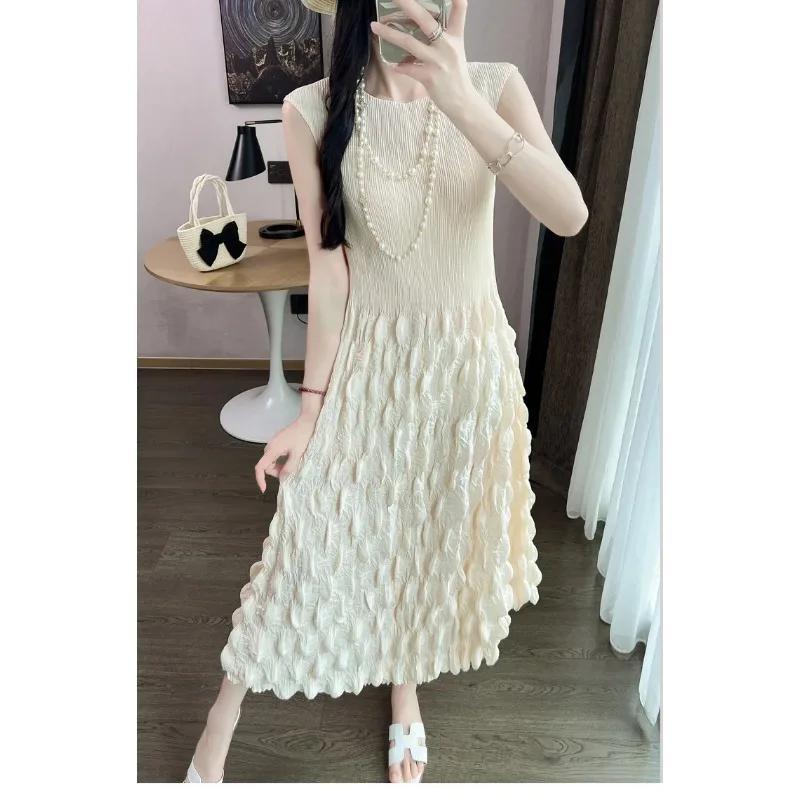 SMVP 여성용 라운드 넥 민소매 버블 플리츠 드레스, 루즈한 대형 디자인, 우아한 단색 파티 원피스, 2025 여름 신상