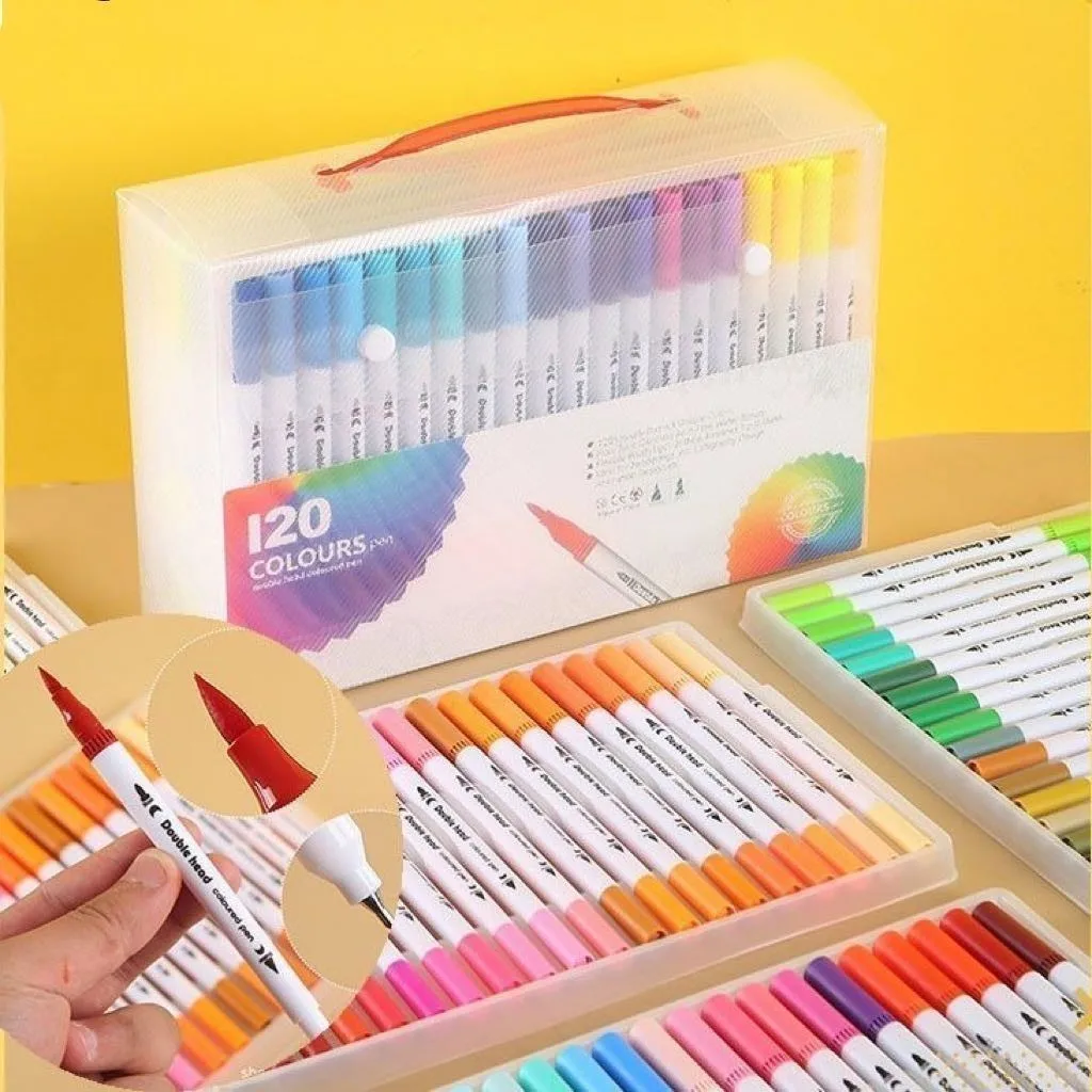 Kit de Canetas de Ponta Dupla (Ponta Pincel e Fina) 120 Cores para Colorir, Desenho, Lettering, Álbum, Esboço - Presente para Artistas
