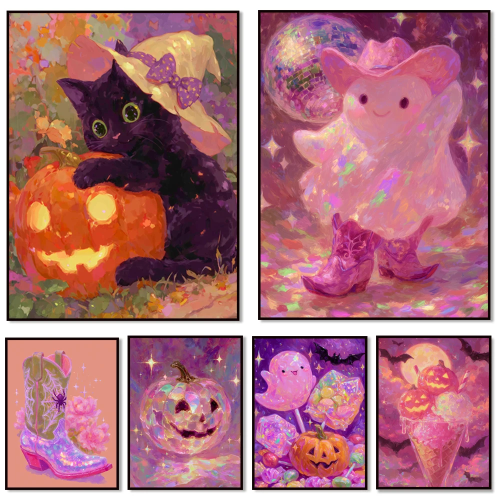 Halloween cowboy boots, pumpkin and candy, witch girl and black cat, ghost print, witch's magic gift, pink Halloween poster