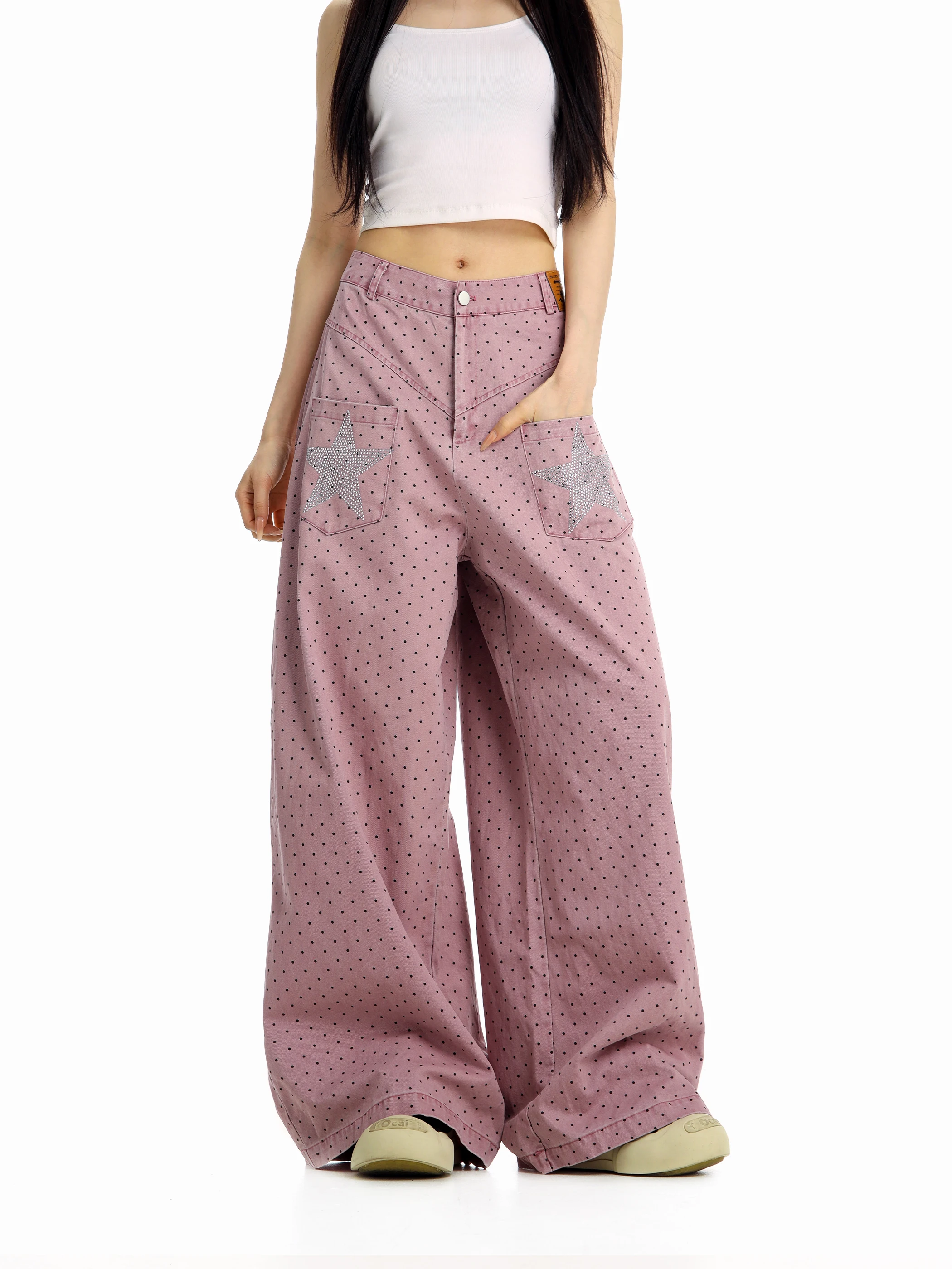 

Retro American Polka Dot Star Rhinestone Multi-Pocket Loose Wide Leg Denim Jeans for Women Casual Comfortable Breathable