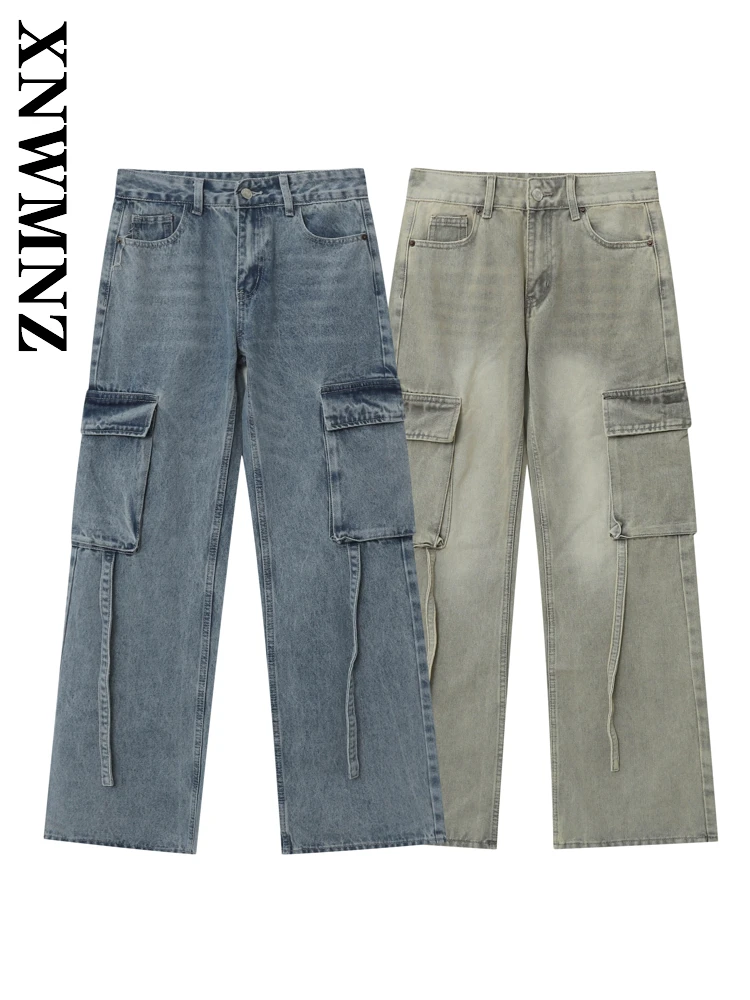 

XNWMNZ 2025 Spring Woman Commuting Casual Button Splicing Denim Long Pants Simple Women Clothing High Waist Fashion Work Pants