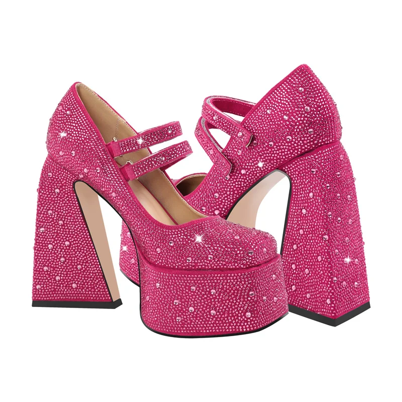 Onlymaker Women Platform Pumps Mary-Jane Rhinestone Chunky High Heels Ankle Strap Dress Party Punk Shoes