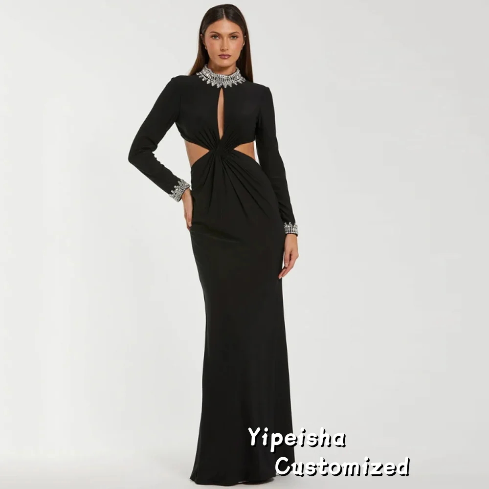 Maßgeschneiderte schwarze lange Abendkleider, elegante Ballkleider mit hohem Kragen für formelle Anlässe, knöchellange Ballkleider mit Perlenkristallen