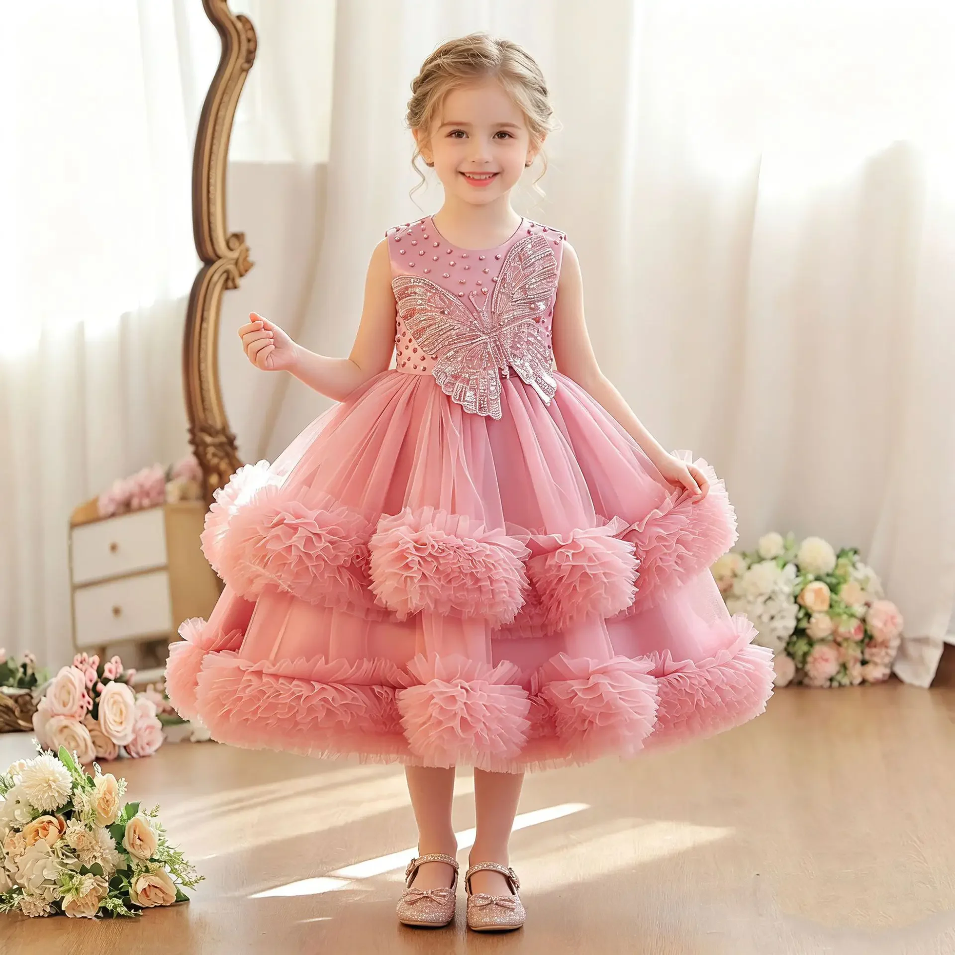 Butterfly Beading Girls Birthday Communion Party Dress Tutu Kids Child Pageant Prom Ball Gown 4-9 Years