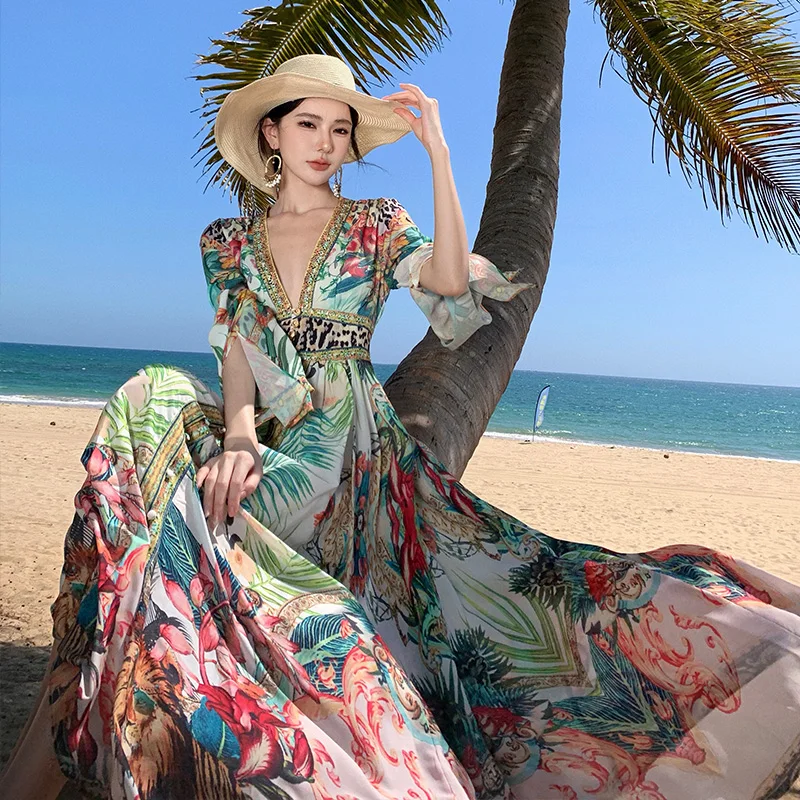 Francês vintage boho praia vestido longo feminino primavera verão único breasted impressão floral vestido de festa de aniversário à noite