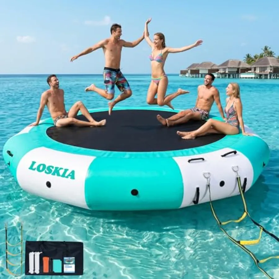 Water Trampoline for Lake: Heavy Duty PVC, Blue, Extra-Stable Bounce Platform with Rope Ladder for Family Fun