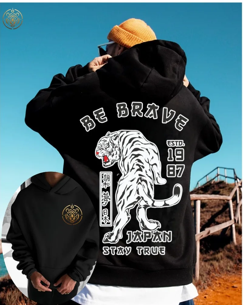 

Home 2025 Retro High Street Tiger Element Cool Front and Back Printed Pocket Thickened Casual Loose Autumn/Winter 2yk Hoodie