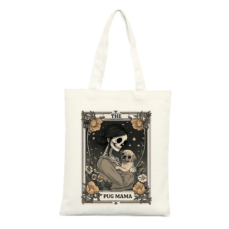 Canvas Tote Bag with Skeleton and Pug Graphic, Vintage Style for Daily Use and Casual Outings