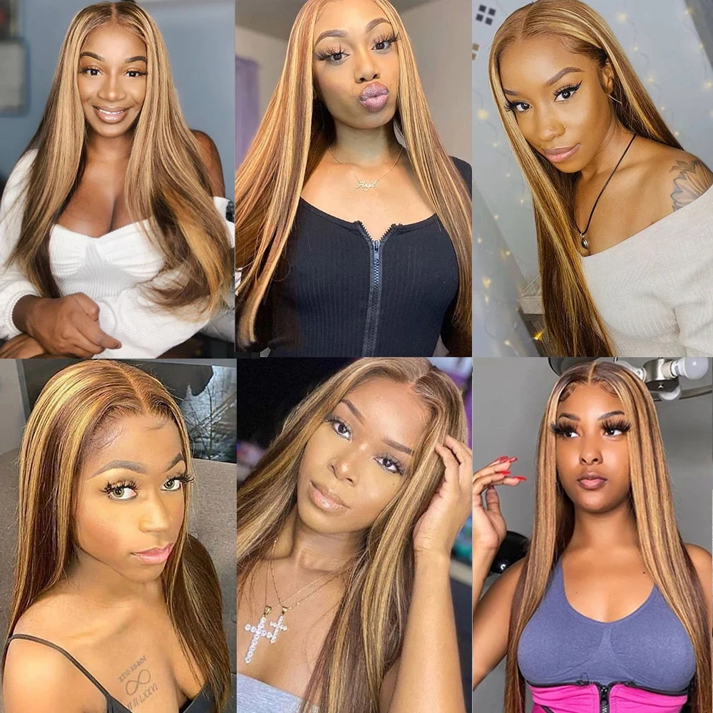 4/27 Highlight Ombre Straight 13x4 HD Lace Front Human Hair Wig 26 30 Inch 200 Density Honey Blonde Lace Frontal Wig For Women