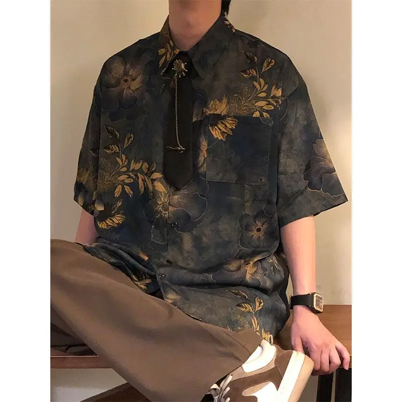 Summer Men Floral Vintage Short Sleeve Shirt With Tie 70s Fashion Casual Retro Business Classic Loose Blouse Clothing Navy Blue