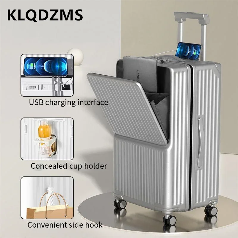 KLQDZMS Luggage on wheels ABS+PC front opening laptop trolley case 24"26"28"30 inch cart travel bag USB charging suitcase