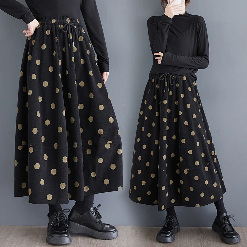 

plus Size Autumn Winter Polka Dot Print A-Line Skirt Elastic Waist Slimming Midi Skirt Korean Sle Women's Faion