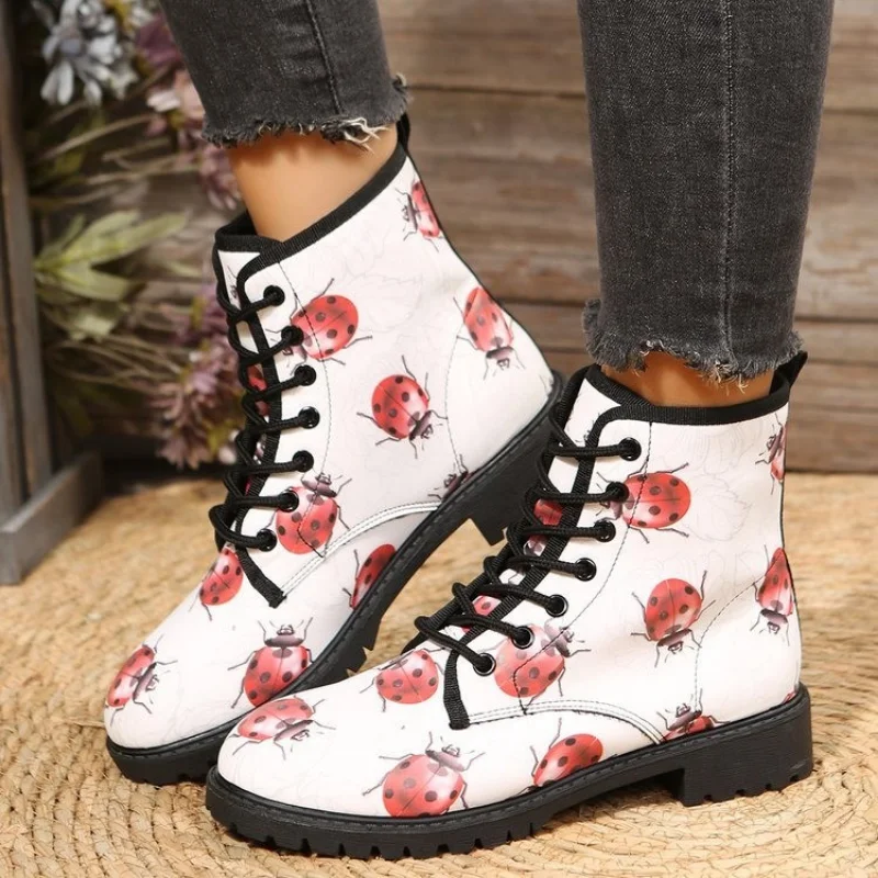 Autumn and Winter New Printing Series Seven-star Ladybug Pattern Red and White Color Matching Comfortable Lace-up Women's Boots