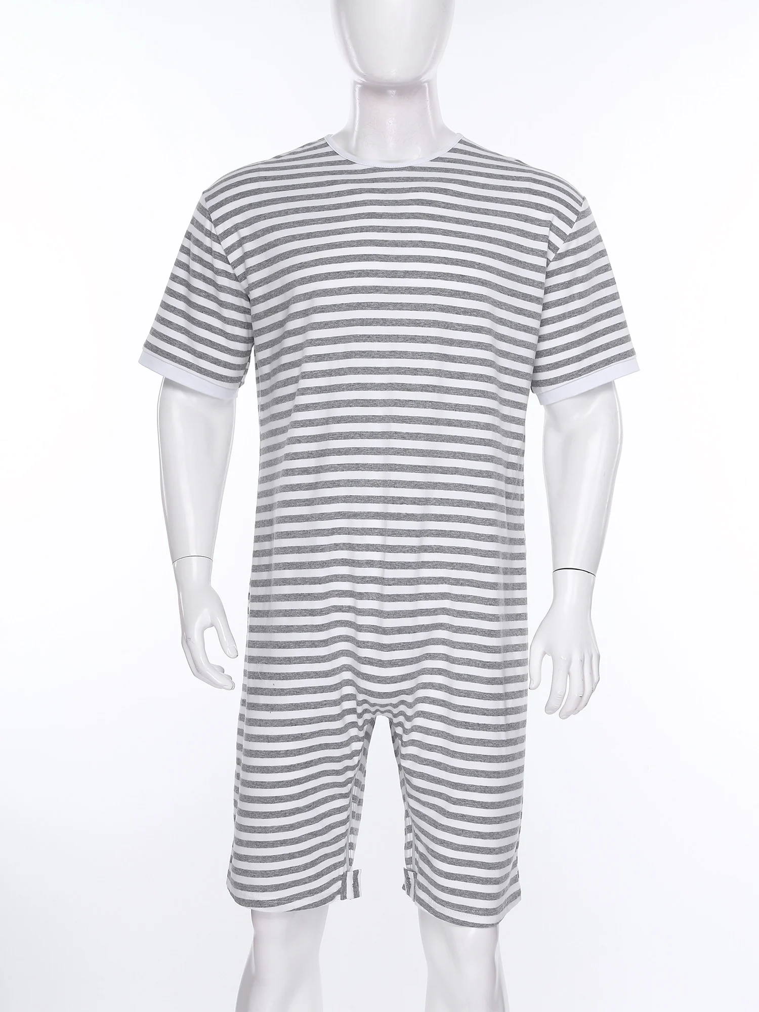 Men Adaptive Caring Nursing Clothes Anti-strip Zipper Short Jumpsuit for Elderly Special Needs Short Sleeve Striped Bodysuit